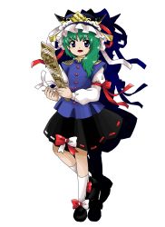 Rule 34 | 1girl, absurdres, asymmetrical hair, balance scale, black skirt, blue eyes, blue vest, bow, epaulettes, footwear bow, frilled hat, frills, full body, green hair, hat, highres, juliet sleeves, long sleeves, looking at viewer, medium hair, monodoku, multicolored bow, open mouth, puffy sleeves, ribbon-trimmed skirt, ribbon trim, rod of remorse, shiki eiki, simple background, skirt, solo, standing, standing on one leg, touhou, vest, weighing scale, white background, zun (style)