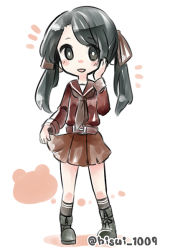 Rule 34 | 10s, 1girl, :d, belt, black eyes, black hair, blush, boots, chibi, full body, hair ribbon, hand on own cheek, hand on own face, hisui (kimochi), kantai collection, kneehighs, mikuma (kancolle), open mouth, ribbon, school uniform, skirt hold, smile, socks, solo, twintails, twitter username, white background