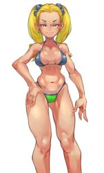 Rule 34 | 1girl, atlus, ayase yuka, bikini, blonde hair, breasts, brown eyes, earrings, forehead, freckles, gluteal fold, groin tendon, hair ornament, hand on own hip, highres, jewelry, kelvin hiu, large breasts, navel, persona, persona 1, scrunchie, shiny skin, skindentation, smile, swimsuit, tan, tanline, thighs, twintails