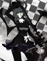 Rule 34 | 10s, 1girl, black hair, black rock shooter, breasts, checkered background, choker, dead master, dress, female focus, fuoco, gradient background, green eyes, horns, monochrome, pale skin, pants, scythe, smile, solo, spot color, wings