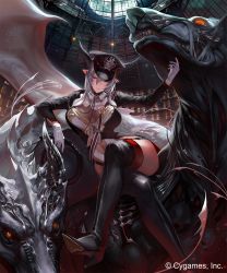 Rule 34 | 10s, 1girl, beast, beast dominator, boots, breasts, cleavage, crossed legs, cygames, gloves, hat, high heel boots, high heels, highres, horns, jacket, large breasts, long hair, military, military hat, military jacket, military uniform, monster, mount, pointy ears, shadowverse, shingeki no bahamut, silver hair, sitting, thigh boots, thighhighs, tsunekun, uniform, yellow eyes