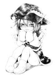 Rule 34 | 1girl, blush, flying sweatdrops, greyscale, harusame (unmei no ikasumi), hat, highres, long sleeves, looking at viewer, lunasa prismriver, monochrome, shirt, sitting, skirt, skirt set, sleeves past wrists, solo, tears, touhou, trembling, vest, wavy hair