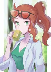 Rule 34 | 1girl, breasts, character print, cleavage, collarbone, commentary request, creatures (company), cup, drinking, dusk poke27, eyewear on head, game freak, gen 8 pokemon, green eyes, green nails, green shirt, hair ornament, hand up, heart, heart hair ornament, highres, holding, holding cup, long hair, looking at viewer, medium breasts, mug, nail polish, nintendo, notice lines, orange hair, pokemon, pokemon swsh, ribbed shirt, shirt, side ponytail, solo, sonia (pokemon), sunglasses, yamper