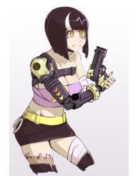 Rule 34 | 1girl, bandaged arm, bandaged leg, bandages, bare shoulders, belt, black hair, black skirt, blunt bangs, bob cut, breasts, closed mouth, commentary, cowboy shot, cropped legs, english commentary, grey background, gun, handgun, holding, holding gun, holding weapon, large breasts, materclaws, mechanical arms, midriff, miniskirt, multicolored hair, orange eyes, original, pistol, scar, short hair, simple background, single mechanical arm, skirt, solo, stitches, strapless, streaked hair, thighhighs, tube top, upper body, weapon
