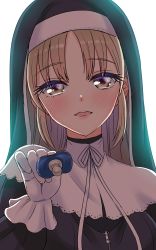 Rule 34 | 1girl, black dress, blush, brown eyes, commentary request, dress, gloves, habit, hand up, head tilt, highres, holding, light brown hair, long hair, long sleeves, looking at viewer, nijisanji, nun, pacifier, parted bangs, parted lips, round teeth, shirihime, sidelocks, simple background, sister claire, sister claire (1st costume), smile, solo, teeth, traditional nun, upper teeth only, virtual youtuber, white background, white gloves