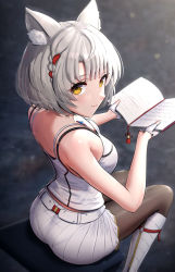 Rule 34 | 1girl, absurdres, black pantyhose, book, breasts, camisole, chest jewel, diary, gonzarez, highres, holding, holding book, jacket, leggings, mio (xenoblade), pantyhose, shoulder strap, small breasts, solo, tank top, white camisole, white jacket, white tank top