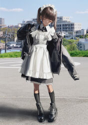 Rule 34 | 1girl, apron, black dress, black footwear, black jacket, black socks, boots, closed eyes, closed mouth, cross-laced footwear, dress, facing viewer, gishiki (gshk), head tilt, highres, jacket, long sleeves, maid, maid headdress, original, outdoors, photo background, sleeves past fingers, sleeves past wrists, smile, socks, solo, standing, twintails, white apron