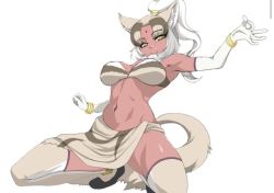 Rule 34 | 1girl, animal ear fluff, animal ears, bracelet, breasts, dark-skinned female, dark skin, from below, indian wolf (kemono friends), jewelry, kemono friends, large breasts, long hair, looking at viewer, midriff, multicolored hair, navel, saijouji reika, sarong, solo, squatting, stomach, streaked hair, tail, thighhighs, white thighhighs, wolf ears, wolf girl, wolf tail, yoga