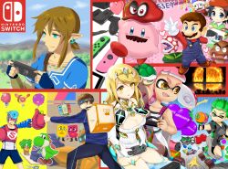 Rule 34 | 3girls, 4boys, absurdres, adeleine, ao hito, armor, arms (game), blonde hair, blue eyes, blue hair, blush, breasts, brown hair, cappy (mario), cleavage, crossover, dark skin, dress, facial hair, gloves, goomba, hat, highres, inkling, inkling boy, inkling girl, inkling player character, jewelry, kirby, kirby (series), kirby 64, large breasts, link, long hair, mario, mario (series), metroid, multiple boys, multiple girls, mustache, mythra (xenoblade), nintendo, nintendo switch, overalls, pink hair, pointy ears, pompadour, samus aran, short hair, smile, splatoon (series), splatoon 2, spring man (arms), suction cups, super mario odyssey, super smash bros., tentacle hair, the legend of zelda, the legend of zelda: breath of the wild, toaster (arms), white gloves, wings, xenoblade chronicles (series), xenoblade chronicles 2, yellow eyes, yoshi