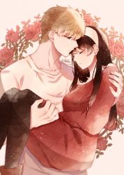 Rule 34 | 1boy, 1girl, black hair, blonde hair, breasts, carrying, collarbone, couple, earrings, floral background, flower, green eyes, hairband, highres, jewelry, long hair, looking at another, pantyhose, princess carry, red flower, red rose, red sweater, rose, shirt, spy x family, sweater, t-shirt, twilight (spy x family), violet viora, yor briar