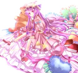 Rule 34 | 1girl, aliprojectlove, bed, bow, crescent, female focus, frilled pillow, frills, hair ribbon, hat, long hair, patchouli knowledge, pillow, purple eyes, purple hair, ribbon, sitting, solo, stuffed animal, stuffed toy, teddy bear, touhou, ukita uuko