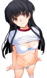 Rule 34 | &gt;:(, 1girl, black hair, blunt bangs, blush, bra, breasts, brown eyes, cleavage, closed mouth, clothes lift, commentary request, feet out of frame, foreshortening, from above, gym uniform, highres, idolmaster, idolmaster shiny colors, kneehighs, long hair, looking at viewer, looking up, mayuzumi fuyuko, mibu natsuki, navel, panties, panty pull, pulled by self, shirt, shirt lift, short sleeves, simple background, small breasts, socks, solo, standing, stomach, straight hair, sweat, two side up, underwear, v-shaped eyebrows, white background, white bra, white panties, white shirt, white socks