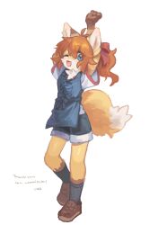 Rule 34 | 1girl, ;d, animal ears, antenna hair, apron, arm behind head, arms up, black shorts, black socks, blue apron, blue eyes, body fur, bow, brown footwear, commission, dot nose, fangs, fewer digits, fox ears, fox girl, fox tail, from side, full body, fur-trimmed shorts, fur trim, furry, furry female, gomafuto, hair bow, highres, kneehighs, light blush, looking at viewer, medium hair, one eye closed, open mouth, orange fur, orange hair, original, outstretched arm, pixiv commission, shirt, shoes, short sleeves, shorts, simple background, smile, socks, solo, standing, stretching, tachi-e, tail, wavy hair, white background, white shirt