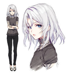 Rule 34 | 1girl, black footwear, black pants, blue eyes, character request, crossed arms, grey shirt, looking at viewer, medium hair, multiple views, pants, parted lips, ryuuou no oshigoto!, shirabi, shirt, shoes, simple background, solo, unmoving pattern, white background, white hair