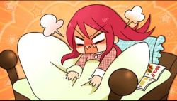 Rule 34 | &gt;:d, 1girl, :d, angry, arc system works, bed, bed sheet, blazblue, book, empty eyes, full body, fume, long hair, long sleeves, lowres, on bed, open mouth, pajamas, pillow, red hair, smile, solo, tsubaki yayoi, tsurime, v-shaped eyebrows