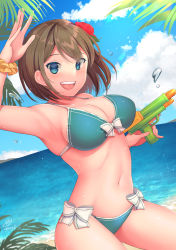 Rule 34 | 1girl, beach, bikini, blue bikini, blue sky, breasts, brown hair, cleavage, cloud, commentary request, cowboy shot, day, flower, front-tie top, hair flower, hair ornament, highres, horizon, kantai collection, large breasts, looking at viewer, maya (kancolle), ocean, open mouth, outdoors, scrunchie, short hair, side-tie bikini bottom, sky, smile, solo, swimsuit, teeth, unoshima kanaka, upper teeth only, water gun, wrist scrunchie