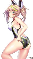 Rule 34 | 1girl, adjusting clothes, adjusting swimsuit, aqua eyes, artist name, ass, black one-piece swimsuit, blonde hair, blush, breasts, collarbone, competition swimsuit, covered navel, cowboy shot, dated, gene (pso2), hair between eyes, hair ornament, headgear, highres, long hair, looking at viewer, looking to the side, medium breasts, multicolored hair, one-piece swimsuit, phantasy star, phantasy star online 2, simple background, solo, standing, streaked hair, swimsuit, tsuchimiya, twintails, two-tone hair, two-tone swimsuit, white background, white one-piece swimsuit