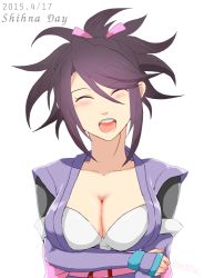 Rule 34 | 00s, 10s, 1girl, 2015, bad id, bad pixiv id, black hair, blush, breasts, brown eyes, character name, cleavage, closed eyes, collarbone, dated, detached sleeves, facing viewer, fujibayashi sheena, gloves, hair ribbon, japanese clothes, large breasts, long hair, looking at viewer, obi, open mouth, ponytail, ribbon, runta, sash, simple background, solo, tales of (series), tales of symphonia, white background