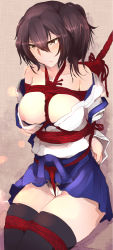 Rule 34 | 10s, 1girl, arms behind back, bdsm, black thighhighs, blush, bondage, bound, breasts, brown eyes, brown hair, collarbone, crotch rope, expressionless, female focus, japanese clothes, kaga (kancolle), kantai collection, large breasts, loose clothes, morisova, nipple slip, nipples, panties, restrained, rope, shibari, short hair, side ponytail, solo, thighhighs, underwear, white panties