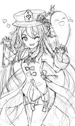 Rule 34 | 1girl, absurdres, chinese clothes, claw pose, clenched teeth, collared shirt, drawing, flower hat, genshin impact, ghost, greyscale, hair between eyes, hair down, hands up, hat ornament, highres, hu tao (genshin impact), jewelry, long hair, long sleeves, messy hair, monochrome, one eye closed, open mouth, shirt, simple background, sketch, solo, symbol in eye, teeth, thighs, white background, wide sleeves, yenm