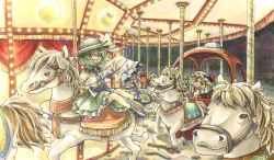 Rule 34 | 2girls, ascot, black headwear, blonde hair, bow, carousel, carriage, center frills, collared shirt, commentary request, crystal, diamond (shape), eyeball, flandre scarlet, frilled shirt collar, frilled skirt, frilled sleeves, frills, green eyes, green hair, green skirt, hat, hat ribbon, highres, hisako (6anmbblfnjueeff), horse, komeiji koishi, long sleeves, looking back, medium hair, mob cap, multiple girls, one side up, open mouth, puffy short sleeves, puffy sleeves, red bow, red ribbon, red vest, ribbon, shirt, short hair, short sleeves, sidelocks, skirt, sleeves past fingers, sleeves past wrists, smile, third eye, touhou, vest, wavy hair, wide sleeves, wings, yellow ascot, yellow ribbon, yellow shirt