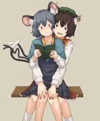 Rule 34 | 2girls, absurdres, animal ear fluff, animal ear piercing, animal ears, blush, book, brown eyes, brown hair, cat ears, cat tail, chagamaka, chen, closed mouth, collarbone, dress, feet out of frame, fingernails, green headwear, grey background, grey hair, hat, highres, holding, holding book, jewelry, kneehighs, knees together feet apart, long fingernails, long sleeves, mob cap, mouse ears, mouse tail, multiple girls, multiple tails, nail polish, nazrin, nekomata, open mouth, reading, red nails, sharp fingernails, shirt, short hair, simple background, sitting, skirt, skirt set, socks, sound effects, tail, teeth, textless version, touhou, two tails, vest, white shirt, white socks, yuri