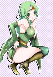 Rule 34 | 1990s (style), 1girl, ass, bad id, bad pixiv id, boots, detached sleeves, final fantasy, final fantasy iv, green eyes, green hair, green leotard, green thighhighs, high heels, leotard, matching hair/eyes, aged up, retro artstyle, rydia (ff4), shoes, solo, squatting, tetsubuta, thighhighs, yellow footwear