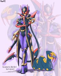 Rule 34 | 1girl, armor, character name, commentary, contrapposto, creature and personification, creatures (company), english commentary, english text, full body, game freak, gen 3 pokemon, great ball, highres, kamen rider, nintendo, personification, poke ball, pokemon, pokemon (creature), power armor, purple background, seviper, signature, standing, to ze, tokusatsu, zoom layer