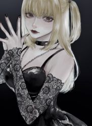 Rule 34 | 1girl, amane misa, belt collar, black nails, blonde hair, breasts, collar, commentary, death note, detached sleeves, dress, earrings, highres, jewelry, long hair, looking at viewer, nail polish, necklace, own hands together, satoukusuri, simple background, smile, solo, symbol-only commentary