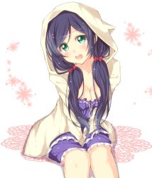 Rule 34 | 10s, 1girl, blue hair, blush, breasts, cleavage, frills, green eyes, hood, jiino, long hair, looking at viewer, love live!, love live! school idol festival, love live! school idol project, medium breasts, open mouth, ribbon-trimmed clothes, ribbon trim, sitting, solo, tojo nozomi, twintails