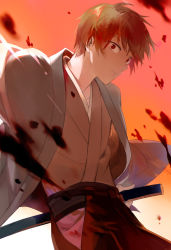 Rule 34 | 1boy, blood, brown hair, gintama, hakama, hakama skirt, haori, japanese clothes, looking at viewer, male focus, md5 mismatch, okita sougo, red eyes, runia, short hair, skirt, solo, sunset, traditional clothes, weapon