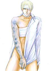 Rule 34 | 00s, 1990s (style), 1boy, artist request, bandages, blonde hair, blue eyes, final fantasy, final fantasy vii, final fantasy vii advent children, geostigma, lowres, male focus, nude, retro artstyle, rufus shinra, solo, square enix, white background