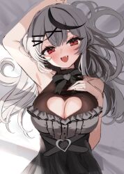 Rule 34 | 1girl, :d, bandaid, bandaid hair ornament, black bow, black dress, black hair, bow, breasts, cleavage, cleavage cutout, clothing cutout, dress, drill hair, fang, frilled dress, frills, grey hair, hair bow, hair ornament, heart cutout, highres, hololive, large breasts, looking at viewer, lying, medium hair, multicolored hair, namagome negi, official alternate costume, on back, open mouth, red eyes, sakamata chloe, sakamata chloe (jirai kei), sleeveless, sleeveless dress, smile, solo, streaked hair, twin drills, virtual youtuber, x hair ornament