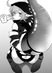 Rule 34 | 1girl, ?, absurdres, ahoge, arknights, ass, ass cutout, butt crack, clothing cutout, crocodilian tail, detached sleeves, from behind, greyscale, haioku colonel, hair between eyes, head tilt, highres, hood, hood up, large tail, monochrome, panties, pointy ears, short hair, simple background, sitting, skindentation, solo, spoken question mark, tail, tomimi (arknights), torn clothes, torn legwear, torn panties, underwear