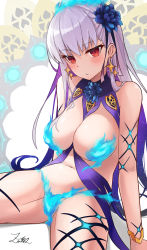 Rule 34 | 1girl, absurdres, bare shoulders, blue fire, blue hair, blush, body markings, bracelet, breasts, earrings, fate/grand order, fate (series), fire, flower, hair flower, hair ornament, hair ribbon, highres, jewelry, kama (fate), kama (swimsuit avenger) (fate), kama (swimsuit avenger) (third ascension) (fate), large breasts, long hair, looking at viewer, lotus, multicolored hair, navel, red eyes, revealing clothes, ribbon, silver hair, sitting, solo, star (symbol), star earrings, thighs, two-tone hair, z.m. (zimin)