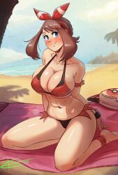 Rule 34 | 1girl, abs, absurdres, alternate breast size, ankle scrunchie, bandana, barefoot, beach, bikini, blue eyes, blue sky, bow hairband, breasts, brown hair, cleavage, commentary, creatures (company), day, eltonel, english commentary, full body, game freak, hairband, highres, huge breasts, kneeling, large breasts, looking at viewer, may (pokemon), nintendo, paid reward available, pokemon, pokemon rse, red bandana, red bikini, red hairband, scrunchie, short hair, sky, solo, swimsuit, underboob, wrist scrunchie