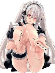 Rule 34 | 1girl, barefoot, feet, feet up, glasses, long hair, looking at viewer, maid, maid headdress, nail polish, panties, pantyshot, parted lips, pink eyes, silver hair, soles, toes, twintails, underwear