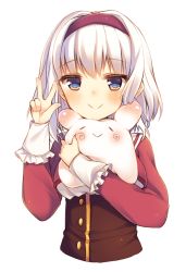 Rule 34 | 1girl, animal, blue eyes, blush, buttons, corset, creature, eyebrows, frills, hairband, hand gesture, holding, holding animal, long hair, long sleeves, multicolored eyes, original, simple background, smile, solo, upper body, w, white background, white hair, yamucha