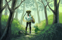 Rule 34 | 1girl, absurdres, ame akira, bag, bow, brown hair, bush, clenched hand, commentary request, creatures (company), day, double bun, forest, from behind, game freak, gen 5 pokemon, grass, hair bun, hand on own hip, handbag, highres, long hair, nature, nintendo, outdoors, pantyhose, pokemon, pokemon (creature), pokemon bw2, raglan sleeves, rosa (pokemon), shirt, shoes, short shorts, shorts, snivy, standing, tree, twintails, yellow shorts