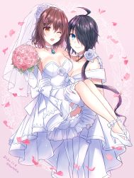 Rule 34 | 2020, 2girls, ahoge, black hair, blue eyes, bouquet, breasts, bridal veil, brown eyes, brown hair, carrying, choker, cleavage, dated, dress, elbow gloves, female focus, flower, furutaka (kancolle), gloves, hair between eyes, hair ornament, hair over one eye, high heels, highres, holding, holding bouquet, jewelry, kabocha torute, kako (kancolle), kantai collection, large breasts, long hair, multiple girls, necklace, one eye closed, open mouth, petals, pink flower, pink rose, princess carry, rose, rose petals, short hair, smile, twitter username, veil, wedding dress, white dress, white footwear, white gloves, wife and wife, wink, yuri