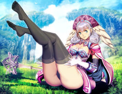Rule 34 | 1girl, ass, black thighhighs, blue eyes, breasts, cape, cleavage, cliff, dress, genzoman, gloves, grass, grey hair, legs up, looking at viewer, medium breasts, melia antiqua, mountain, panties, parted lips, sitting, smile, solo, staff, thighhighs, toes, underwear, xenoblade chronicles (series), xenoblade chronicles 1