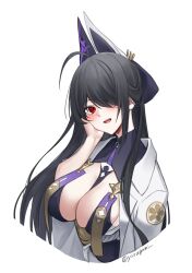 Rule 34 | 1girl, ahoge, artist name, azur lane, black hair, blush, breasts, coat, cosplay, cropped torso, hair over one eye, hand on own cheek, hand on own face, highres, large breasts, long hair, looking at viewer, open mouth, red eyes, simple background, smile, solo, taihou (azur lane), twitter username, unzen (azur lane), unzen (azur lane) (cosplay), very long hair, white background, white coat, yorugami rei