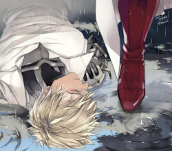 Rule 34 | 2015, 2boys, amputee, bad id, bad pixiv id, blonde hair, boots, broken, cyborg, dated, closed eyes, feet, genos, hh (hhsis2), lying, male focus, missing limb, multiple boys, on back, one-punch man, out of frame, rain, ripples, saitama (one-punch man), short hair, solo focus, unconscious