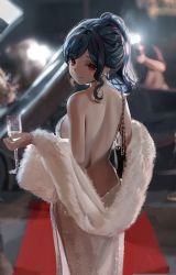 Rule 34 | 1girl, absurdres, backless dress, backless outfit, backlighting, bad id, bad twitter id, bag, bare back, bare shoulders, black hair, blurry, blurry background, breasts, chrysa ( sa0ru), closed mouth, commentary request, cup, cupping glass, dress, drinking glass, earrings, feather boa, from behind, handbag, highres, holding, holding cup, jewelry, looking at viewer, looking back, medium hair, official alternate costume, original, ponytail, red eyes, sidelocks, solo, st. louis (azur lane), st. louis (luxurious wheels) (azur lane), standing, swept bangs, white dress