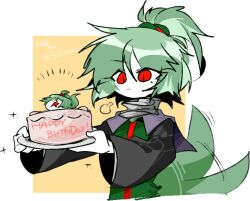 Rule 34 | 1other, adagumo no saragimaru, black sleeves, cake, closed mouth, colored skin, commentary request, english text, food, frown, gift art, green hair, green shirt, hair between eyes, happy birthday, holding, holding cake, holding food, len&#039;en, ling s, long sleeves, no nose, other focus, ponytail, red eyes, shirt, slit pupils, snake tail, tail, tail wagging, upper body, white skin, wide sleeves