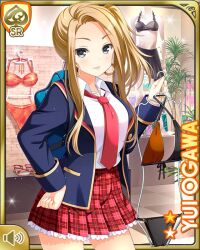 Rule 34 | 1girl, blazer, blonde hair, blue jacket, breasts, card, character name, closed mouth, day, girlfriend (kari), grey eyes, indoors, jacket, large breasts, long hair, necktie, official art, ogawa yui (girlfriend kari), plaid, plaid skirt, qp:flapper, red necktie, red skirt, school uniform, shirt, side ponytail, skirt, smile, solo, tagme, white shirt