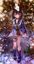 Rule 34 | 1girl, absurdres, black hair, blood, blood on clothes, boots, burn scar, collar, cross, cross necklace, dress, female focus, fishnets, flower, frills, full body, grass, heterochromia, highres, jewelry, looking at viewer, nature, necklace, original, outdoors, plaid, plaid dress, purple dress, red eyes, scar, scar on face, smile, solo, spiked collar, spikes, thigh strap, tokikosann, yellow eyes