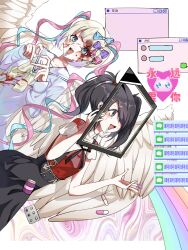 Rule 34 | 2girls, absurdres, ame-chan (needy girl overdose), angel wings, black eyes, black hair, black ribbon, black skirt, blood, blood on face, blue bow, blue eyes, blue hair, blue shirt, bow, chouzetsusaikawa tenshi-chan, collar, collared shirt, crying, crying with eyes open, hair bow, hair ornament, hair over one eye, hair tie, hairclip, heart, heart hands, highres, holding, iei, jiling08326, long hair, long sleeves, multicolored hair, multiple girls, neck ribbon, needy girl overdose, open mouth, picture frame, pink bow, pink hair, purple bow, quad tails, red shirt, ribbon, sailor collar, school uniform, serafuku, shirt, shirt tucked in, skirt, smile, suspender skirt, suspenders, tears, twintails, very long hair, white collar, white hair, white wings, wings, x hair ornament, yellow bow