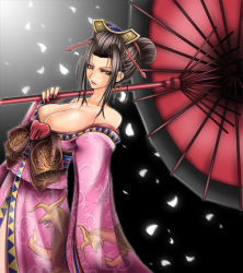 Rule 34 | 1041 (toshikazu), 1girl, bare shoulders, breasts, brown eyes, brown hair, cleavage, double bun, earrings, eyeshadow, hair ornament, hoop earrings, japanese clothes, jewelry, large breasts, lipstick, looking at viewer, makeup, nail polish, oiran, red nails, setsuka, solo, soul calibur, soulcalibur iii, umbrella