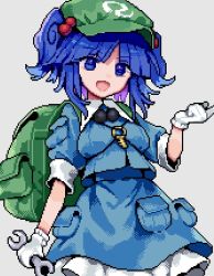 Rule 34 | 1girl, :d, backpack, bag, blue eyes, blue hair, blue shirt, blue skirt, flat cap, gloves, green bag, green hat, hair bobbles, hair ornament, hat, holding, holding wrench, kawashiro nitori, key, looking at viewer, open mouth, pixel art, pocket, risui (suzu rks), shirt, short hair, short sleeves, simple background, skirt, smile, solo, touhou, two side up, white background, white gloves, wrench